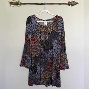 Multicolor Patterned Dress with Bell Sleeves